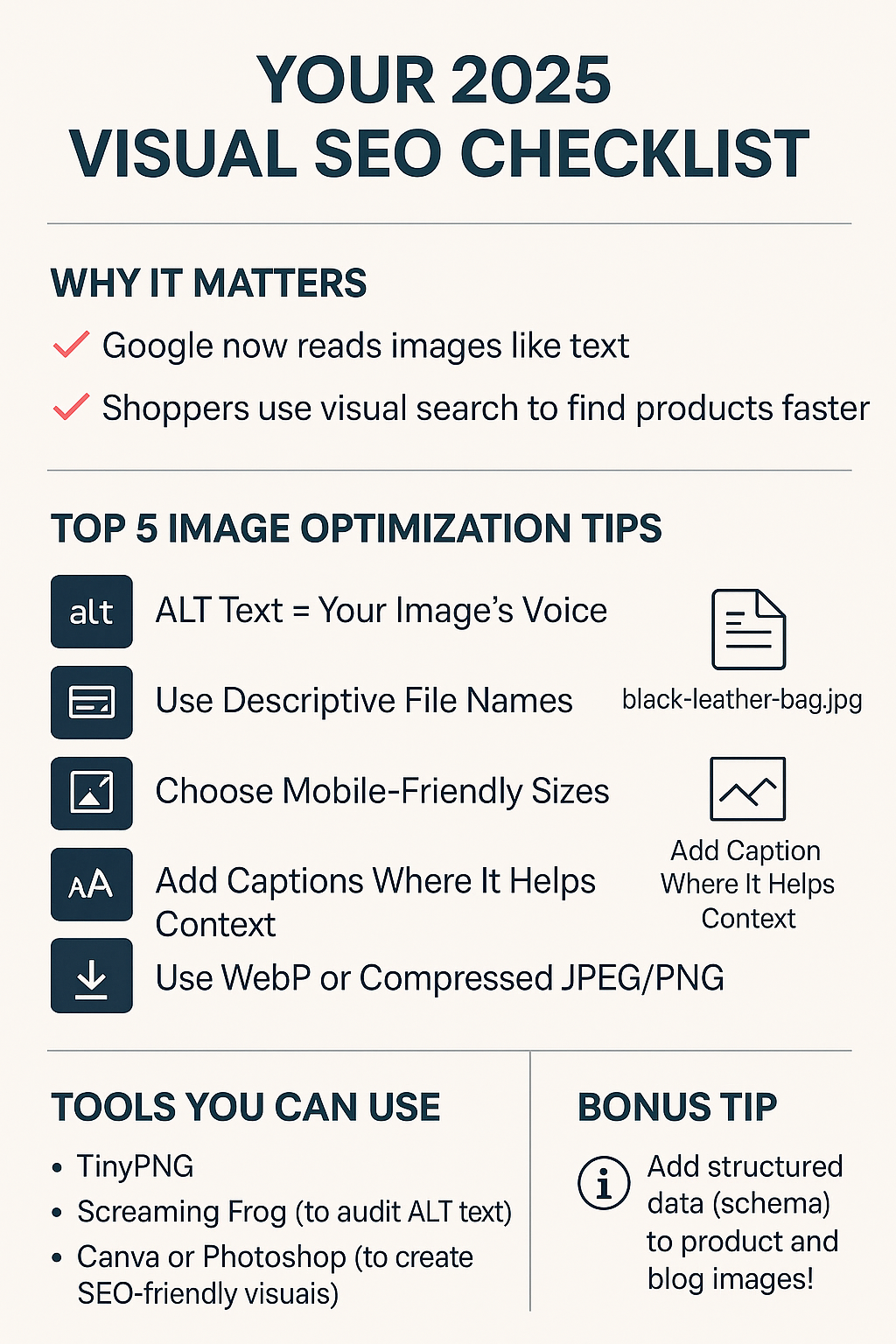 Visual SEO Checklist 2025 – Astra Digital Visual SEO checklist infographic for 2025 showing top image optimization tips and tools.
